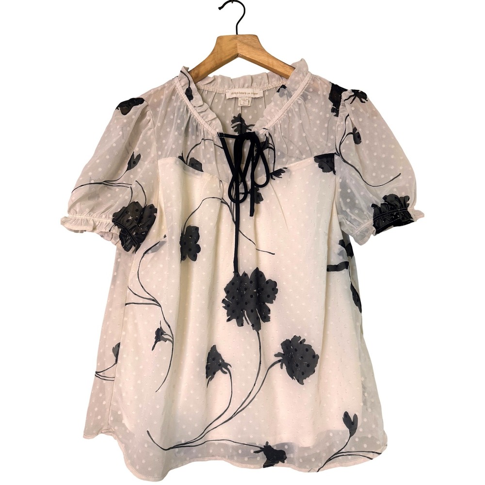 Monteau Los Angeles White Black Floral Swiss Dot Tie Neck Puff Sleeve Blouse Lβ